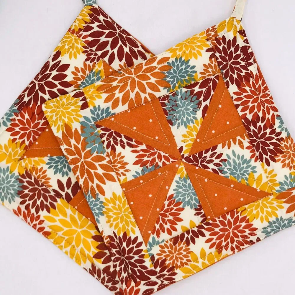 Set of 2, Square Potholder, Pinwheel Design, Fall Dahlias, Baking Gift Set Idea